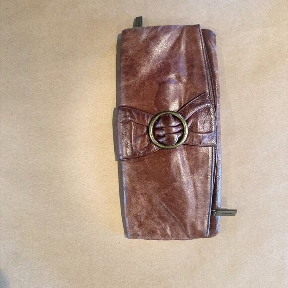 HOBO International Brown Leather Envelope Foldover Zip Clutch - Picture 7 of 7